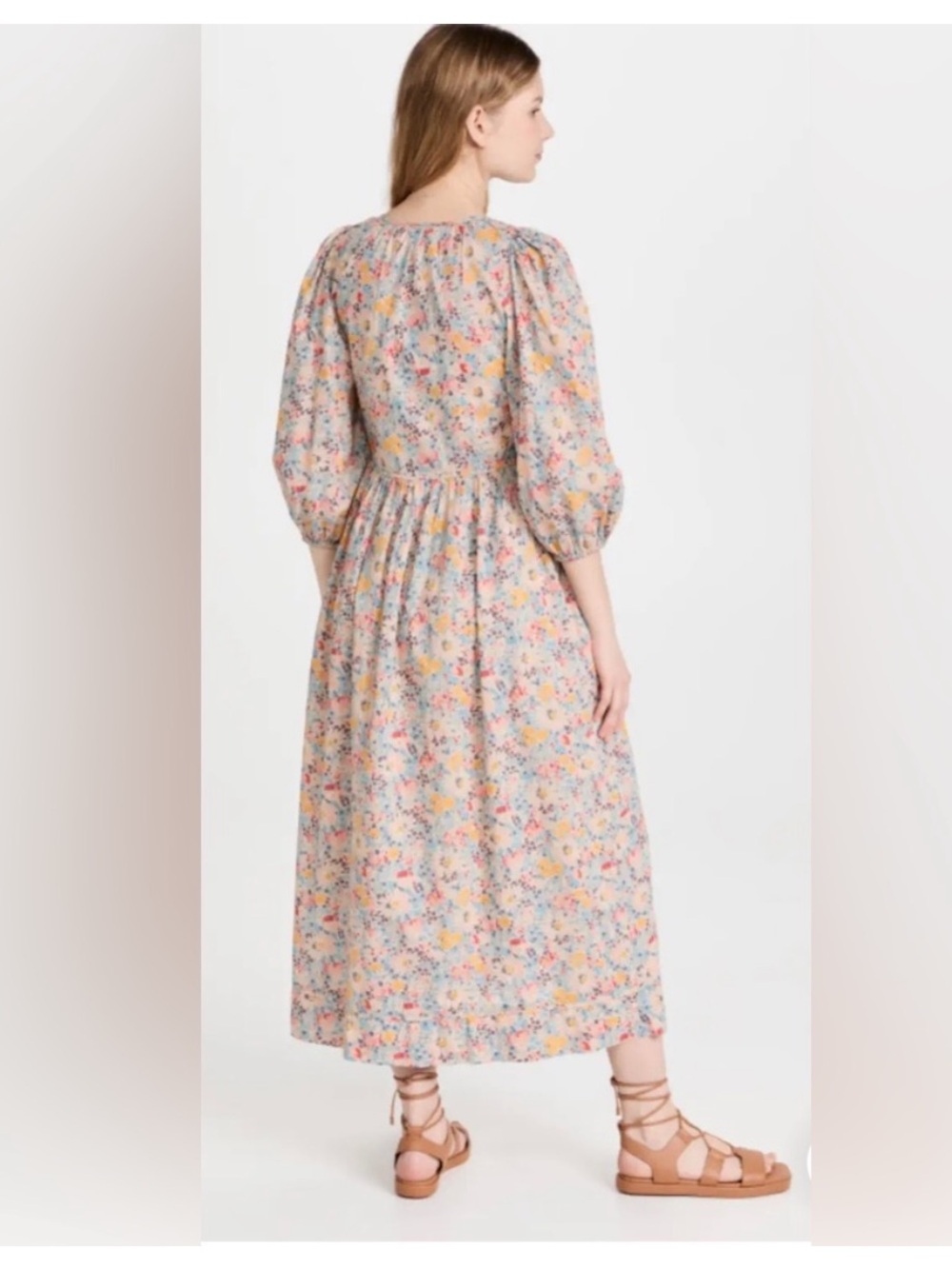 THE GREAT. Pastel Floral Midi Dress in Cream with Pink and Blue Motif - Picture 3 of 4